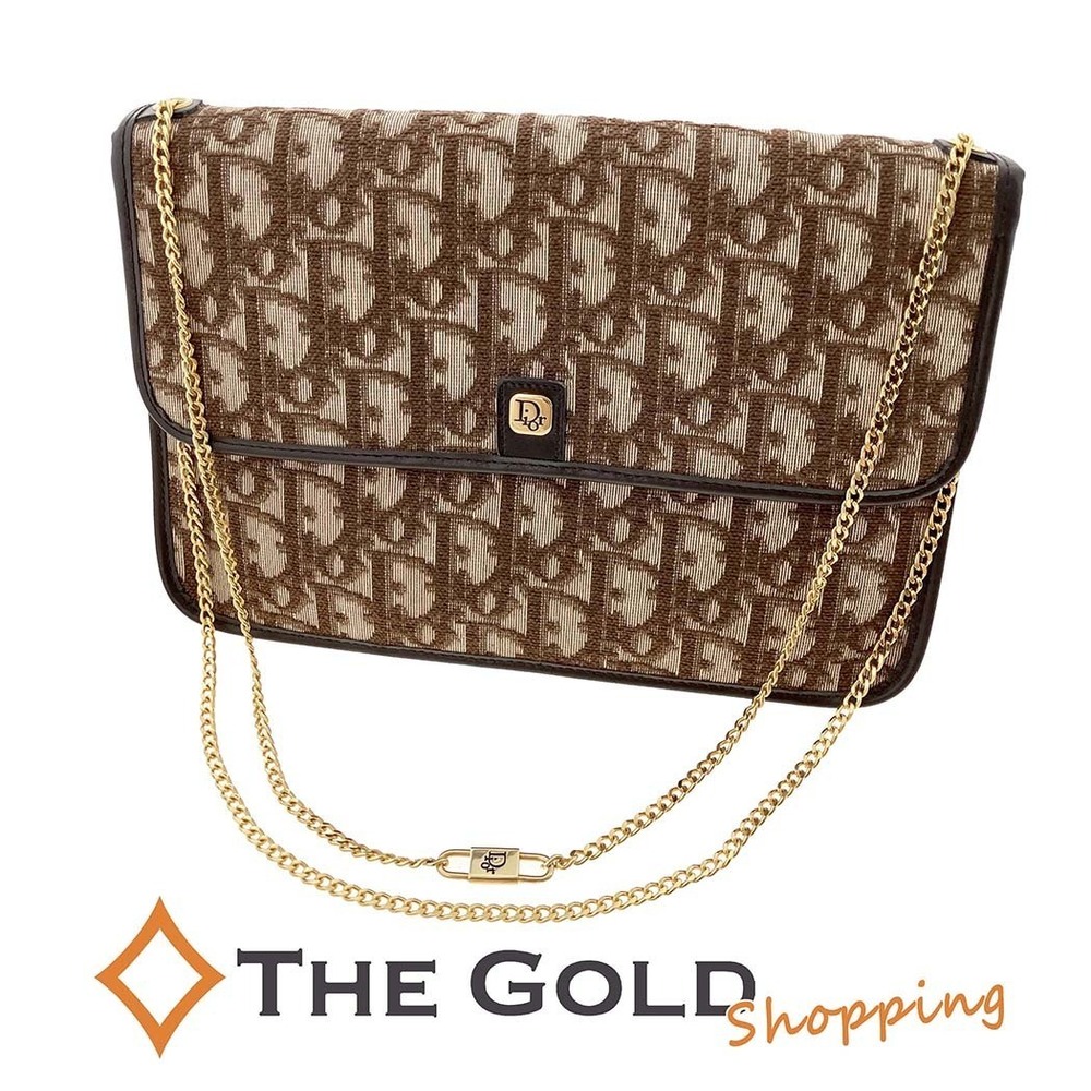 Christian Dior Chain Trotter 2Way Crossbody Bag Leather Brown